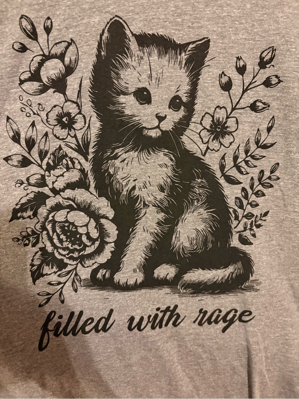Gildan Gray Tee with Black Cat & Floral Graphic